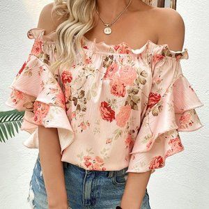 Pink Floral Boho Off Shoulder Ruffled Blouse